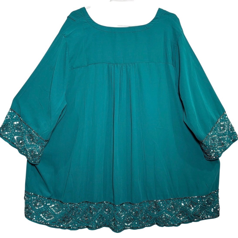 Roaman's Blouse Womens 28W Teal Green Sequin Beaded Pintuck Button Front Top - Picture 2 of 7